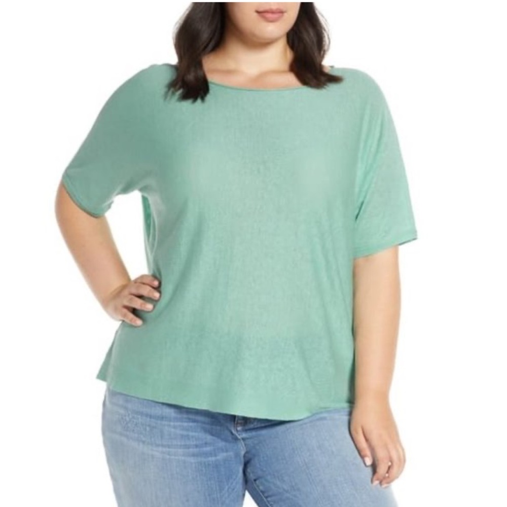 Eileen Fisher Medium Turquoise Organic‎ Linen Blend Bateau Neck Top Colorful